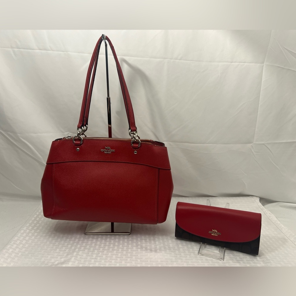 4006: Coach Red Pebbled Leather Shoulder Bag & Matching Wallet Set